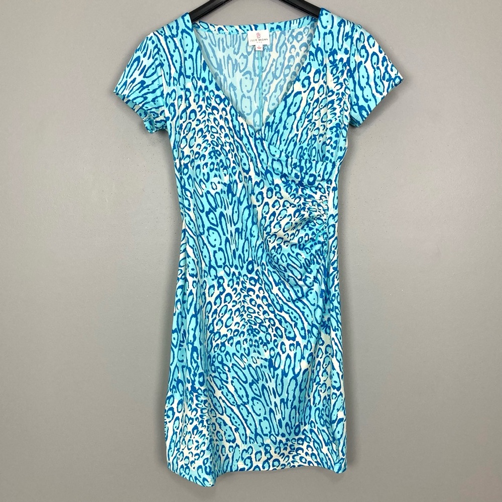 Julie Brown Lizzy Surplice Dress Women’s Size L Leopard Print Smooth Knit Blue